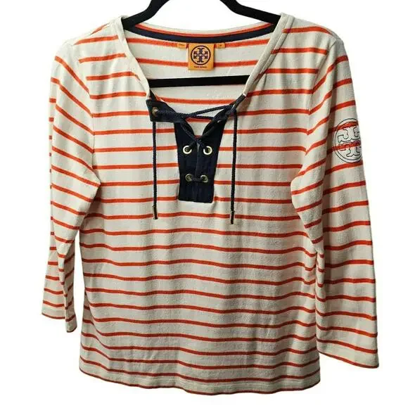 Tory Burch Orange White Striped Nautical Logo Top